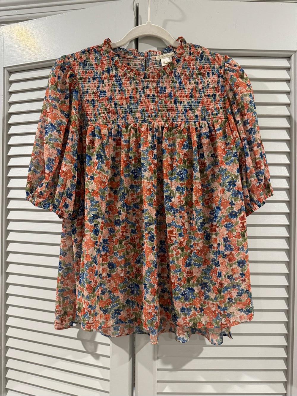 Shoshanna Coral Floral Smocked Puff-Sleeve Blouse with Blue and Green Accents - Picture 1 of 7